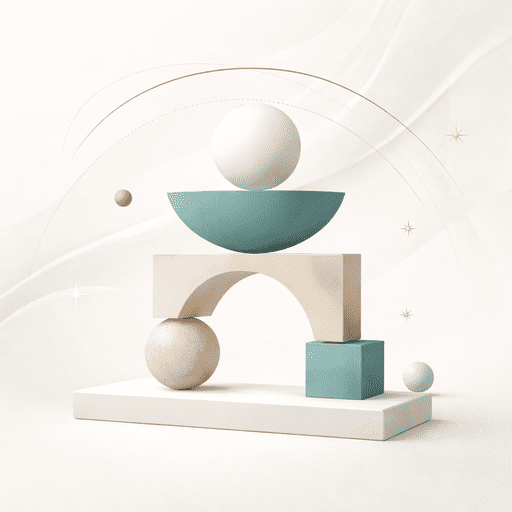 Abstracte compositie met geometrische vormen in zachte neutrale tinten, waarin balans, structuur en stabiliteit visueel samenkomen. De afbeelding ondersteunt de positionering van Aurora Integral Consultancy als een methodologie die zich richt op interne structuur, evenwicht en professionele draagkracht.