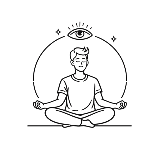 Minimalistische lijnillustratie van een persoon in meditatieve houding, omringd door subtiele symbolen van rust en aandacht. De afbeelding verbeeldt de dimensie bewustzijn en staat voor waarneming, aanwezigheid en intern inzicht.