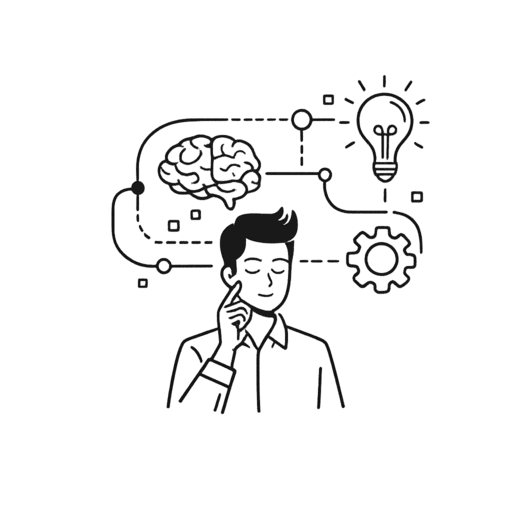 Minimalistische lijnillustratie van een persoon in denkende houding, omringd door symbolen van een brein, een lamp en een tandwiel. De afbeelding staat voor cognitieve processen zoals denken, inzicht, analyse en besluitvorming.
