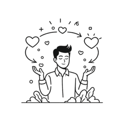 Minimalistische lijnillustratie van een persoon met open handen, omringd door harten en zachte symbolen. De afbeelding verbeeldt de emotionele dimensie en staat voor gevoel, innerlijke beleving en de manier waarop emoties worden waargenomen en verwerkt.