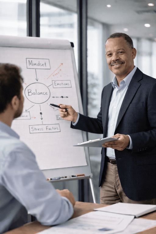 Professionele coachings- of consultancysituatie waarin een spreker een schema over balans, mindset en stressfactoren toelicht aan een deelnemer. De afbeelding ondersteunt het fundamentele perspectief van Aurora Integral Consultancy, met focus op observatie, patroonherkenning en toepasbare inzichten binnen professionele omgevingen.