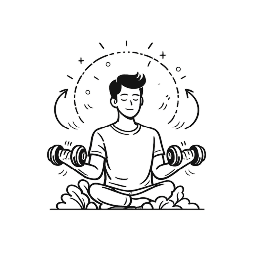 Minimalistische lijnillustratie van een persoon in meditatieve houding met gewichten in beide handen. De afbeelding verbeeldt de fysieke dimensie en staat voor lichamelijke draagkracht, spanning, regulatie en de manier waarop het lichaam druk opvangt en uitdrukt.