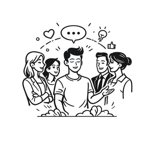 Minimalistische lijnillustratie van meerdere personen die met elkaar in interactie zijn, omringd door symbolen zoals spraakballonnen en harten. De afbeelding verbeeldt de sociale dimensie en staat voor communicatie, interactie en gedrag binnen een professionele omgeving.