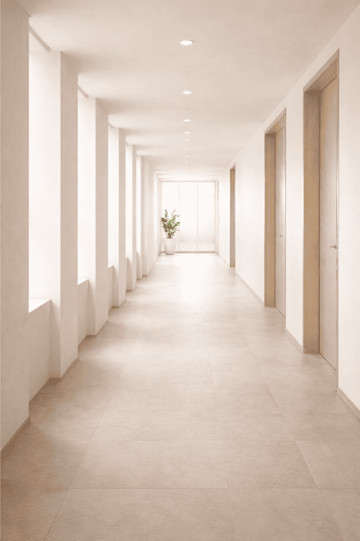 Visuele representatie van structuur en helderheid binnen organisaties Lichte, minimalistische gang in een professionele omgeving met een rustige en gestructureerde uitstraling. De afbeelding ondersteunt het idee van helderheid, richting en organisatorische structuur binnen dienstverlening aan organisaties.