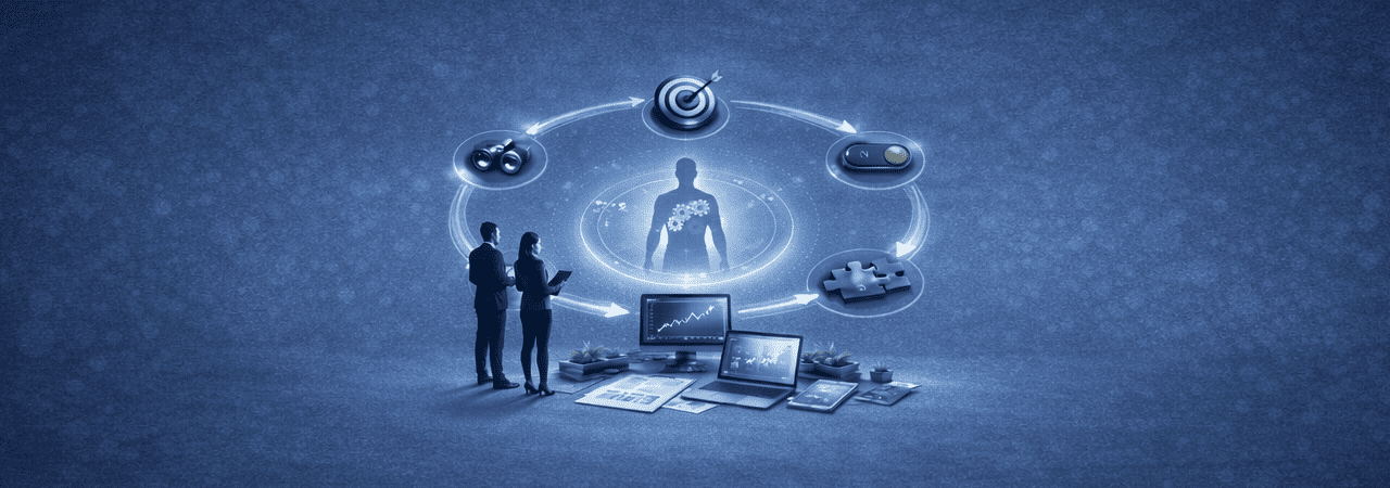 Visuele weergave van de Aurora Integral-methodologie Panoramische zakelijke illustratie in blauwe tinten met een centraal menselijk silhouet, omringd door symbolen voor observatie, focus, activatie en integratie. Onderaan staan twee professionals en meerdere digitale schermen, wat analyse, begeleiding en continue ontwikkeling binnen een professionele context uitbeeldt.