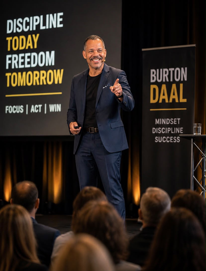 Burton Daal - preventieve methodologier Burton Daal spreekt voor een publiek over discipline, focus en stabiliteit als basis voor preventie onder druk.