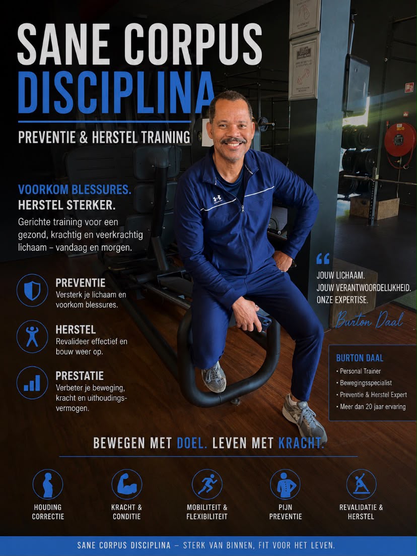 Burton Daal - Sane Corpus Disciplina Burton Daal zittend voor de visuele identiteit van Sane Corpus Disciplina, een methodiek gericht op lichamelijk herstel, regulatie en functionele stabiliteit.